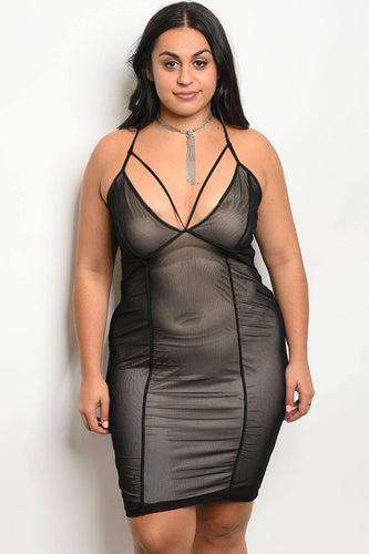 Ladies fashion plus size mesh bodycon women dress with a v neckline and nude lining - 4D's T&D Inc