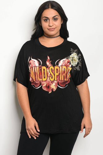 Ladies fashion plus size boyfriend fit graphic print t-shirt with a rounded neckline - 4D's T&D Inc