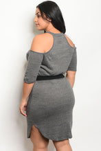 Ladies fashion plus size 3/4 sleeve ribbed bodycon dress with a crew neckline and cold shoulders - 4D's T&D Inc