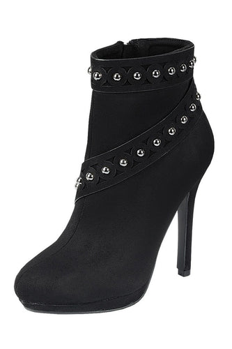 Ladies fashion high heel ankle boot, almond toe, stiletto heel, with zipper closure and decorative studs - 4D's T&D Inc