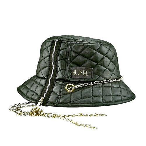 Faux Leather Black Quilted Bucket Hat With Gold Chain Strap - 4D's T&D Inc