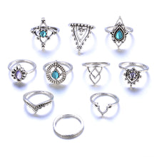 10pcs/Set Women Bohemian Vintage Silver Stack Rings Above Knuckle Blue Rings Set - 4D's T&D Inc