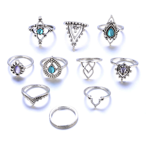 10pcs/Set Women Bohemian Vintage Silver Stack Rings Above Knuckle Blue Rings Set - 4D's T&D Inc
