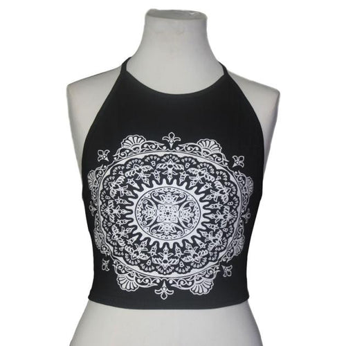 Women's Mandala Print Sleeveless Halterneck Tank Crop Tops Vest Blouse T-Shirt L - 4D's T&D Inc