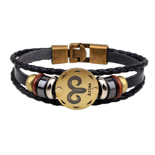 Unisex Bracelet 12 Constellations Zodiac Fashion Jewelry Leather Bracelet Personality Aries - 4D's T&D Inc