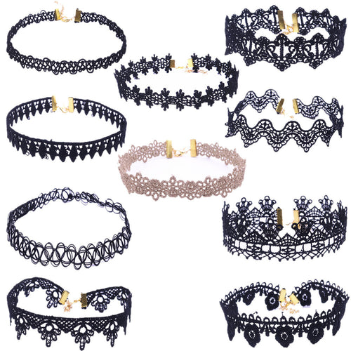 10 Pieces Women Choker Necklace Set Stretch Velvet Classic Gothic Tattoo Lace Choker - 4D's T&D Inc
