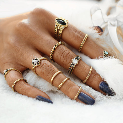12PCS Vintage Women's Boho Crystal Flower Knuckle Ring Tibetan Turkish GD - 4D's T&D Inc