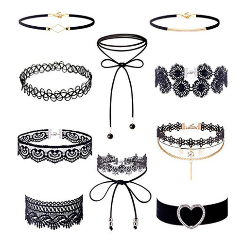 10Pieces Choker Necklace Set Stretch Velvet Classic Gothic Tattoo Lace Choker - 4D's T&D Inc