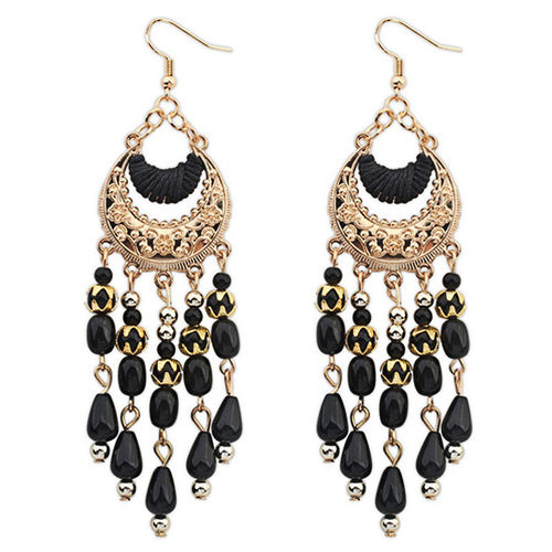 1PC Bohemian Fringed Long Section Of Big Beads Pendant Drop Earrings BK - 4D's T&D Inc