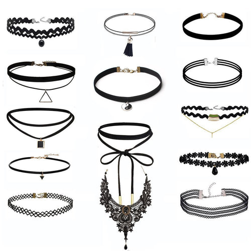 14 Pieces Choker Necklace Set Stretch Velvet Classic Gothic Tattoo Lace Choker - 4D's T&D Inc