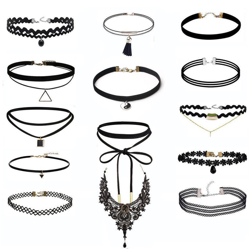 14 Pieces Choker Necklace Set Stretch Velvet Classic Gothic Tattoo Lace Choker - 4D's T&D Inc