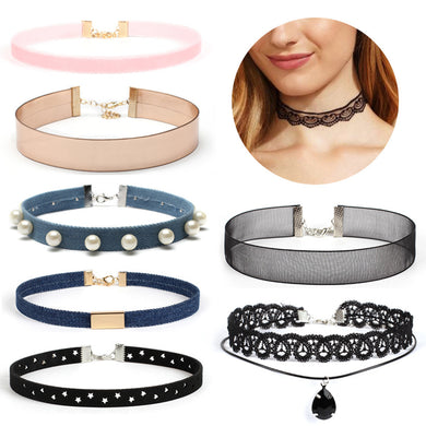 8 Pieces Choker Necklace Set - Stretch Velvet Classic Gothic Tattoo Lace Choker - 4DS-150CNL - 4D's T&D Inc