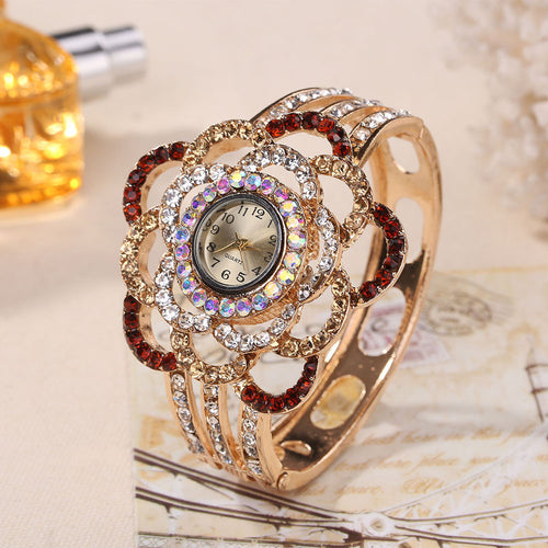 Women Luxury Band Hollow Out Bangle Crystal Quartz Bracelet Watch Jewelry Charm 4DS-116CBW. - 4D's T&D Inc