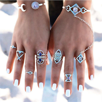 8 piece Set - Women Bohemian Vintage Silver Stack Rings - Above Knuckle Blue Rings Set - 4DS-149SSR - 4D's T&D Inc