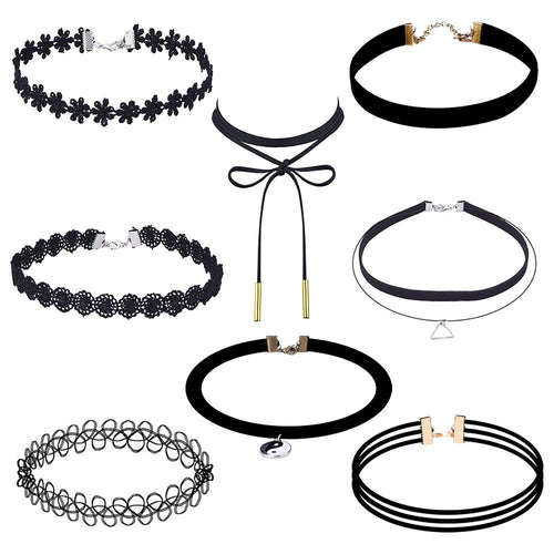 Women 8 Pieces Choker Necklace Set Stretch Velvet Classic Gothic Tattoo Lace Choker - 4D's T&D Inc