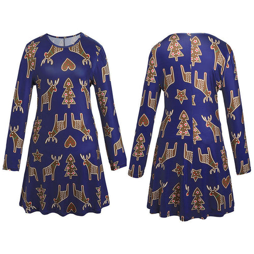 Xmas Print Swing Dress Ladies Christmas Long Sleeve Flared Party Dresses - 4D's T&D Inc