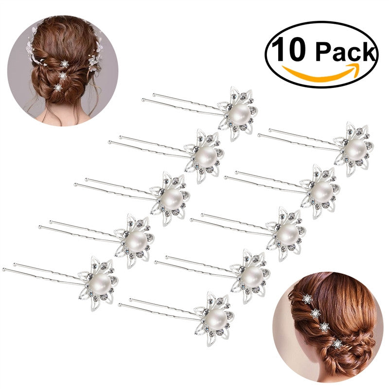 ROSENICE 10pcs Pearl Flower Rhinestone Crystal U-Shaped Clips Barrette for Wedding Bridal - 4D's T&D Inc